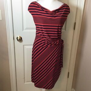 Lauren Ralph Lauren Red & Blue Striped Cap Sleeve Drape Neck Side Tie Dress - 14